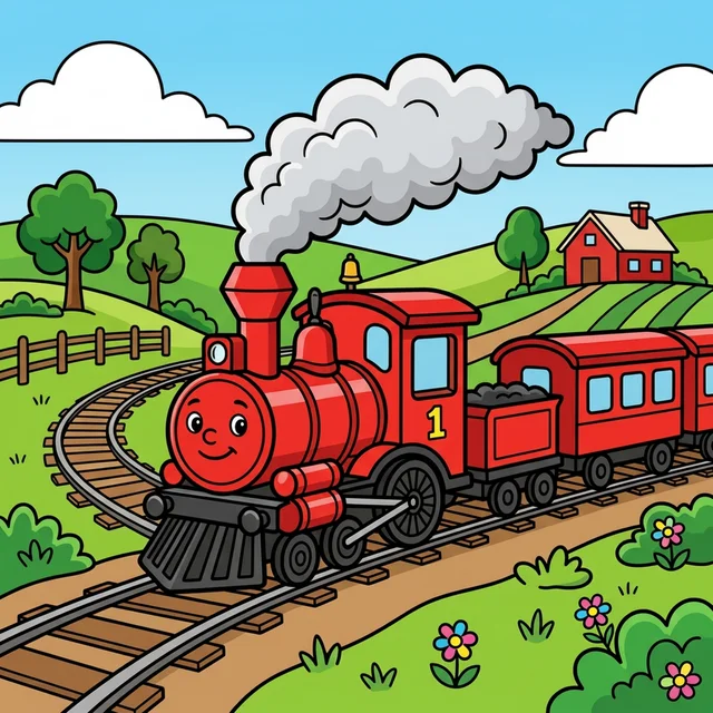 Steam train in countryside coloring page for kids