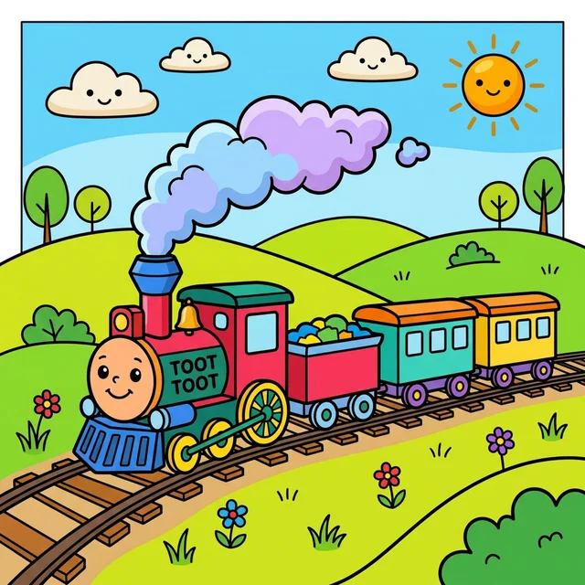 A steam train chugging through hills with smoke puffs coloring page.