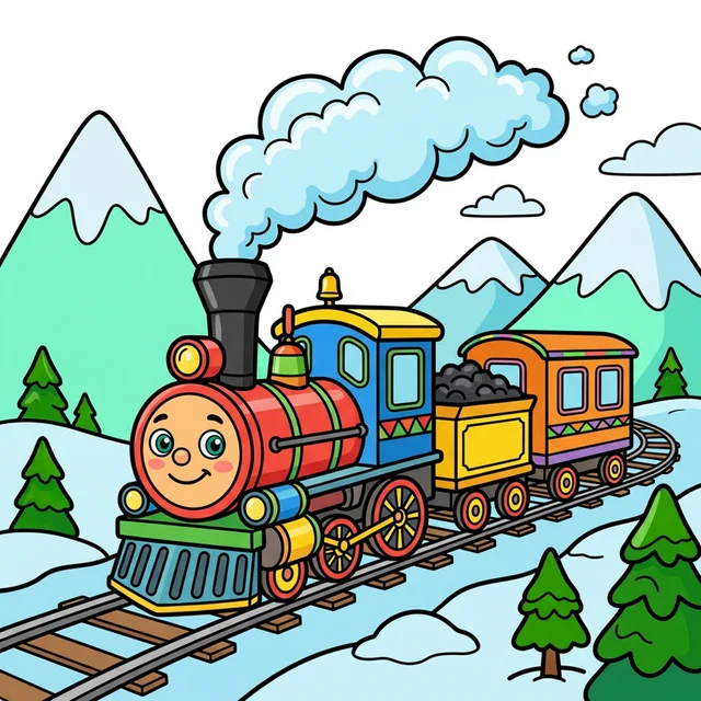 Steam train going through snowy mountains coloring page