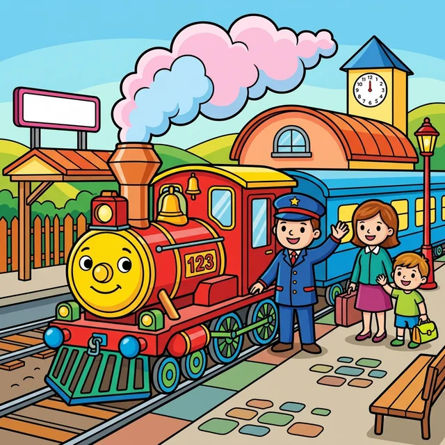 Steam train at station platform coloring page