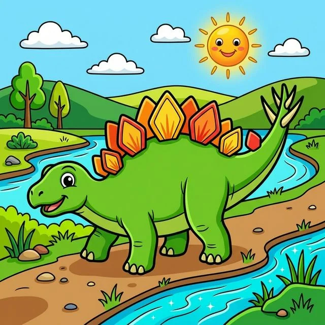 Stegosaurus with diamond plates and spiked tail near river coloring page for kids — free printable