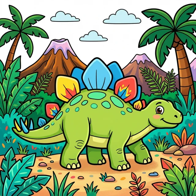 Cute stegosaurus walking in jungle coloring page for kids