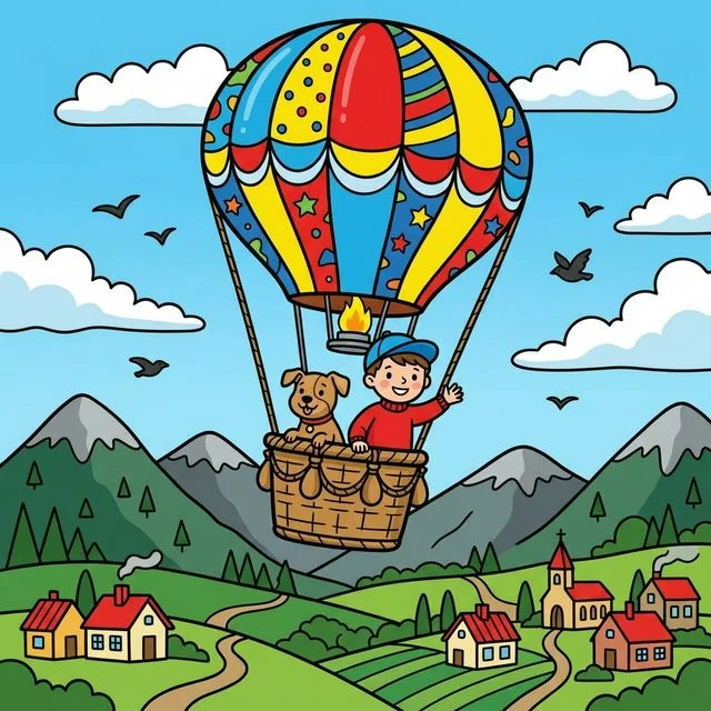 Striped hot air balloon flying high in sky over mountains with boy and dog in basket coloring page for kids