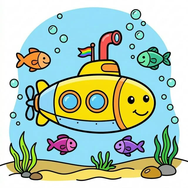 Submarine exploring underwater with bubbles and little fish around it coloring page for kids — free printable