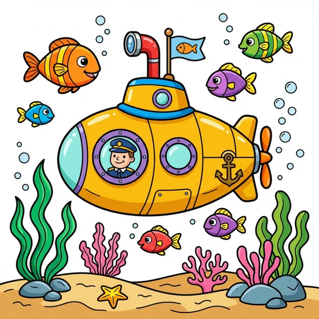A submarine exploring underwater with fish and seaweed coloring page.