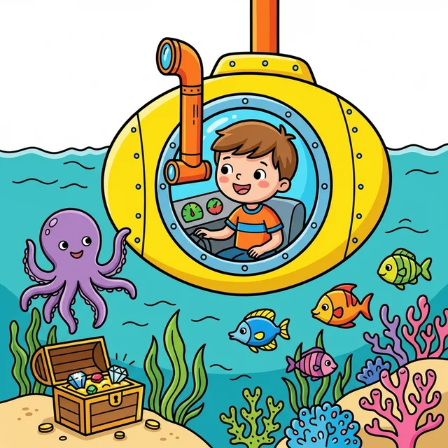 Kid in submarine looking at octopus and fish underwater coloring page