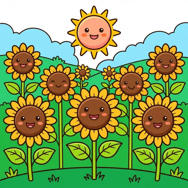 A sunflower field with smiling sunflowers and a sun coloring page.