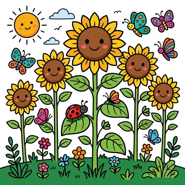 Sunflower garden with butterflies and ladybug coloring page