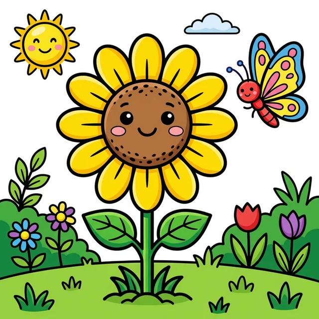 Cute smiling sunflower in garden coloring page for kids