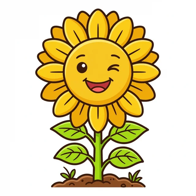 A big happy sunflower with green leaves coloring page.
