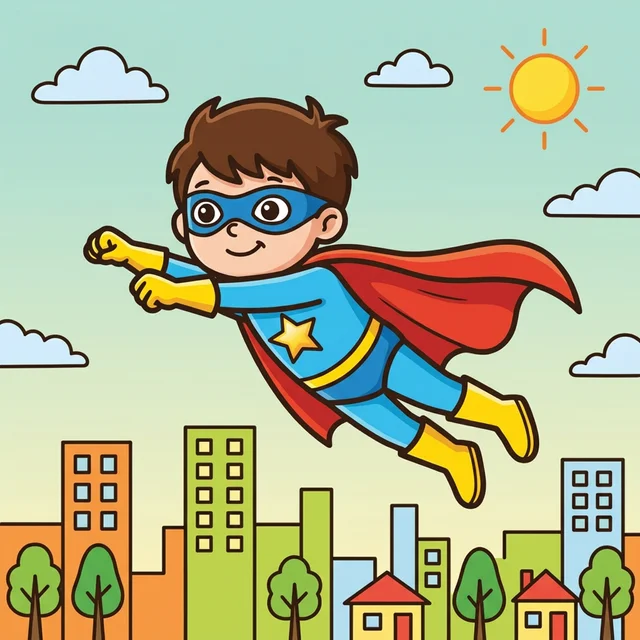 Kid superhero with cape flying over city coloring page
