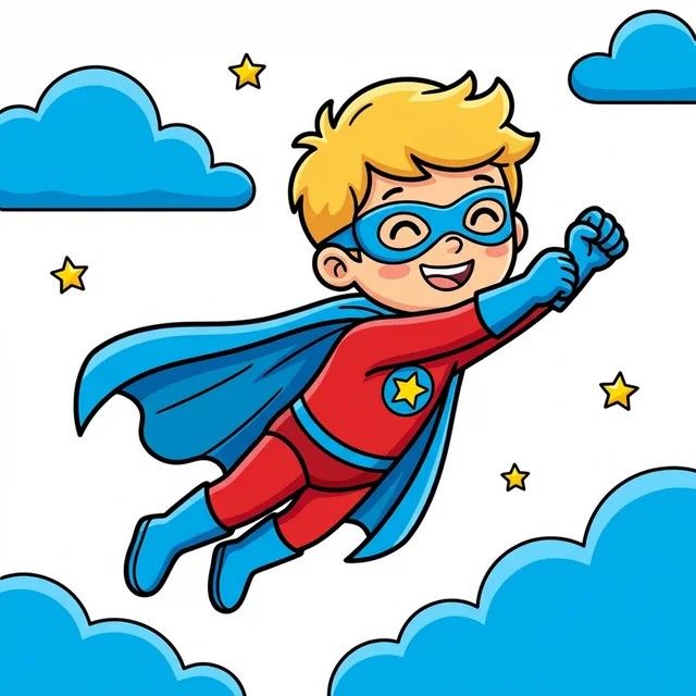 A kid superhero flying through the sky with a cape coloring page.