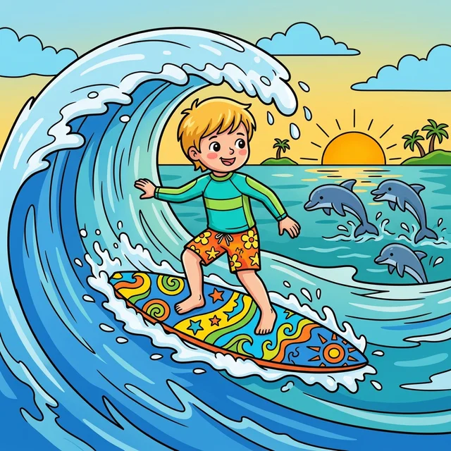 Kid surfing big ocean wave with dolphins jumping coloring page