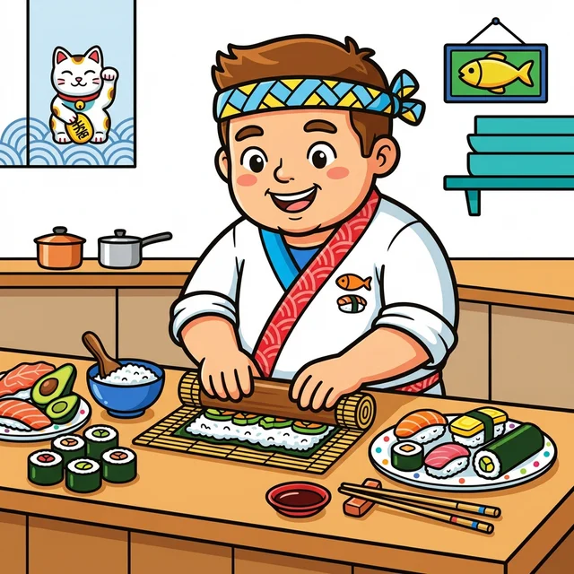 Sushi chef rolling sushi on bamboo mat coloring page