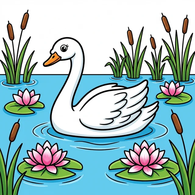 Graceful swan on lake with water lilies coloring page for kids