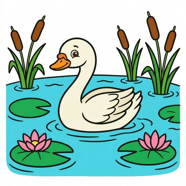 Swan swimming on lake with water lilies and cattails coloring page for kids — free printable