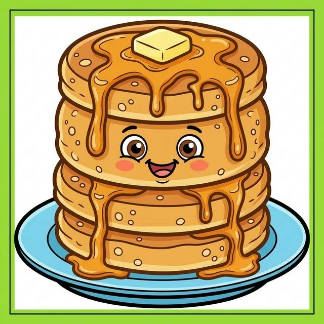 Cute cartoon tall stack of fluffy pancakes with sticky syrup dripping down sides butter on top and funny smiling face coloring page for kids — free printable
