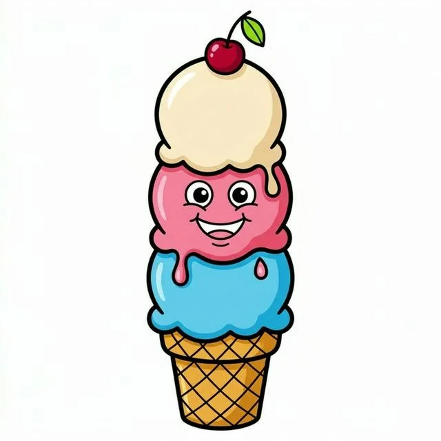 Cute cartoon tall ice cream cone with three big round scoops melting drops cherry on top and smiling face coloring page for kids — free printable