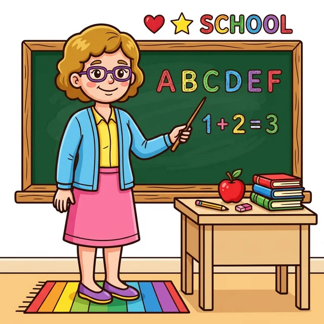 Teacher at blackboard in classroom coloring page