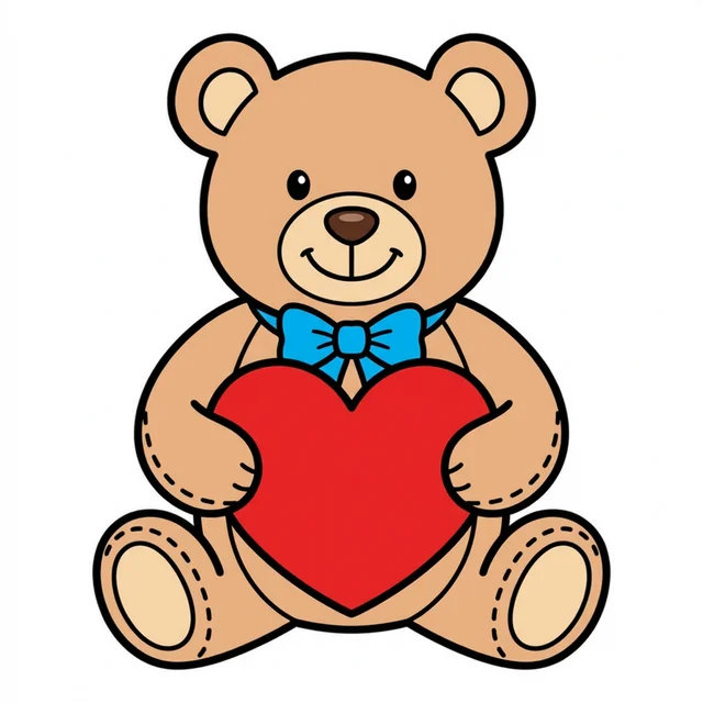 Cute teddy bear holding a heart with bow tie coloring page for kids