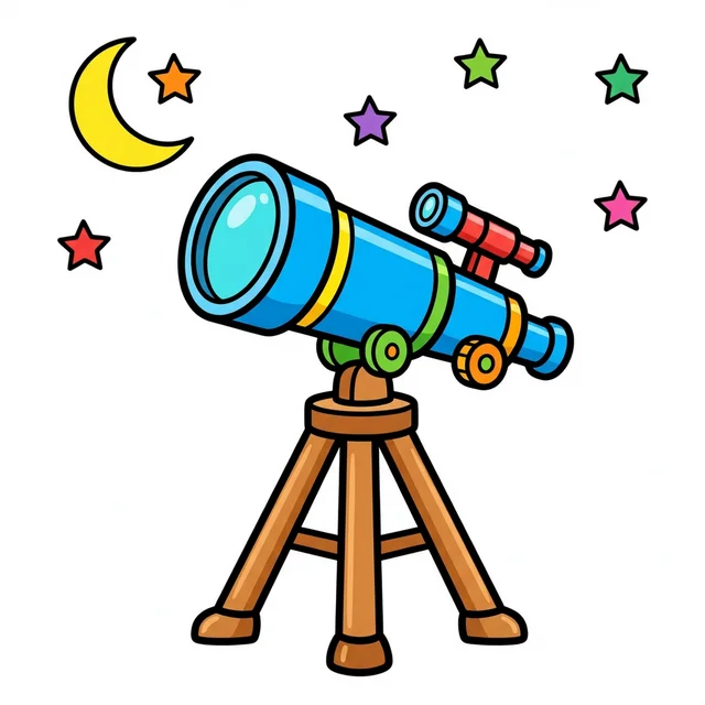 A telescope pointed at stars and moon coloring page.
