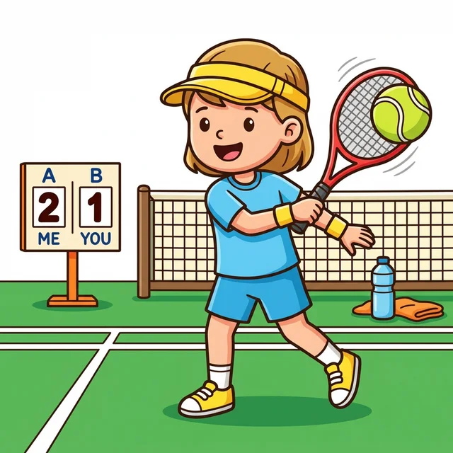 Kid playing tennis on court swinging racket coloring page