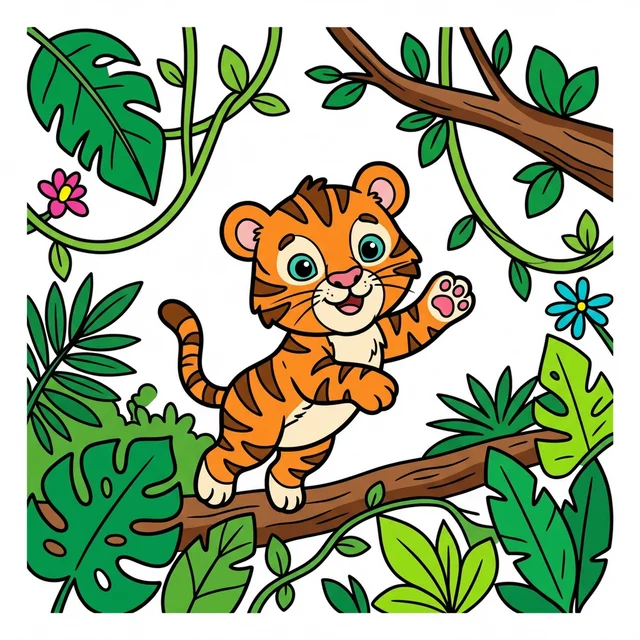 A tiger cub playing in the jungle with tropical leaves coloring page.