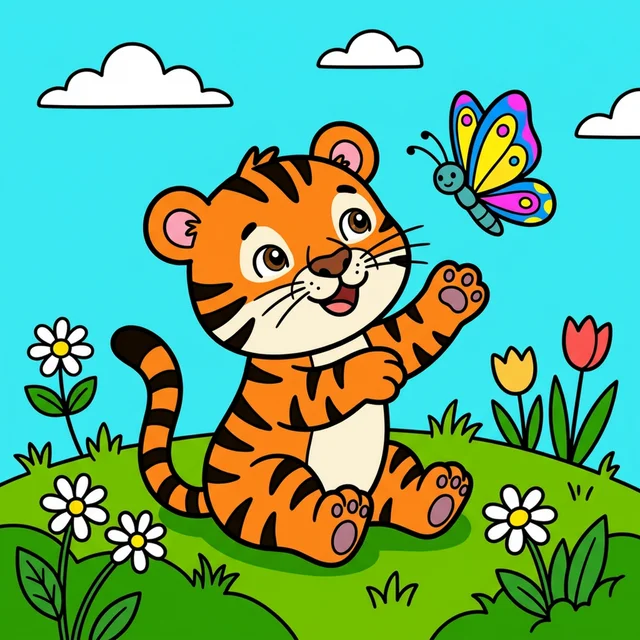 A cute baby tiger cub playing with a butterfly coloring page.