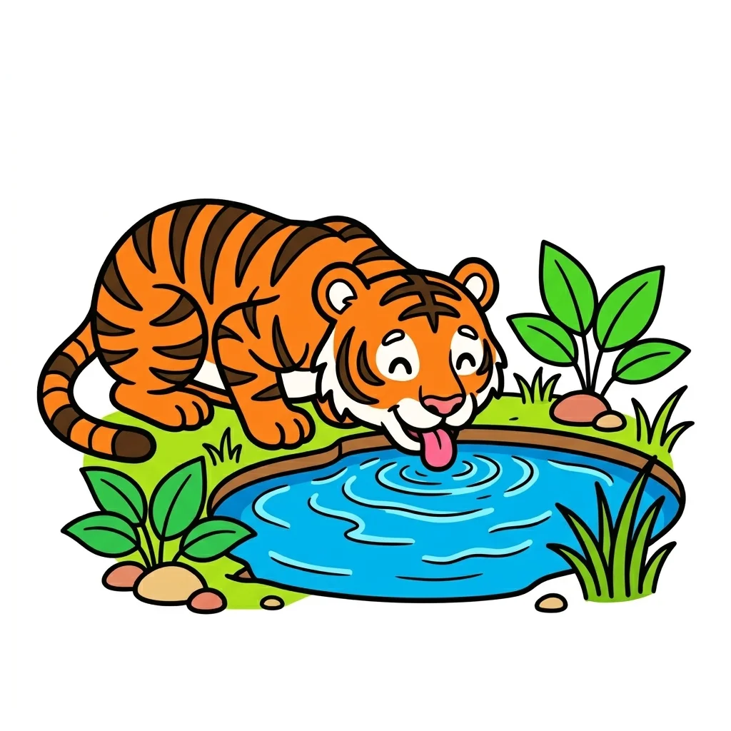 Tiger Drinking Water Coloring Page for kids — free printable