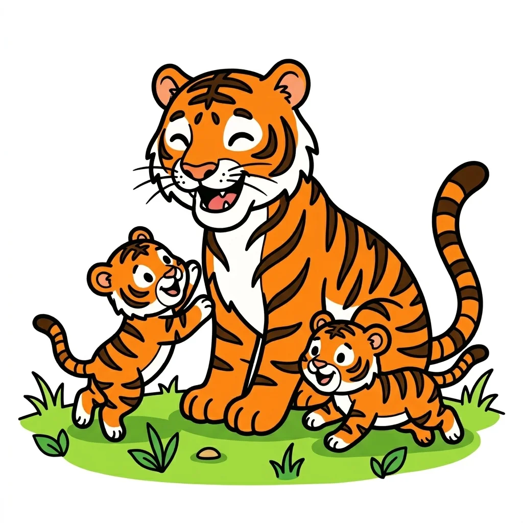 Tiger Playing with Cubs Coloring Page for kids — free printable