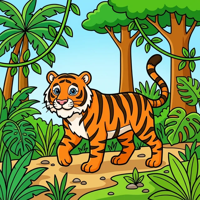 Tiger walking in jungle coloring page for kids