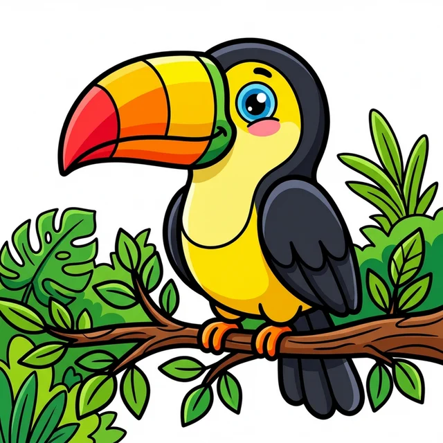 A toucan with a big colorful beak on a jungle branch coloring page.