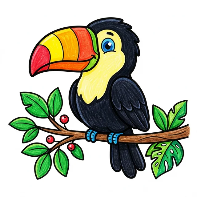Cute toucan sitting on tropical branch coloring page for kids