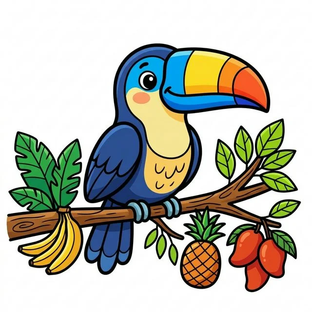 Toucan with large colorful beak on rainforest branch coloring page for kids — free printable