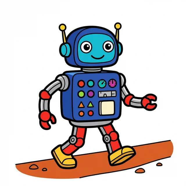 A cute walking toy robot with antenna coloring page.
