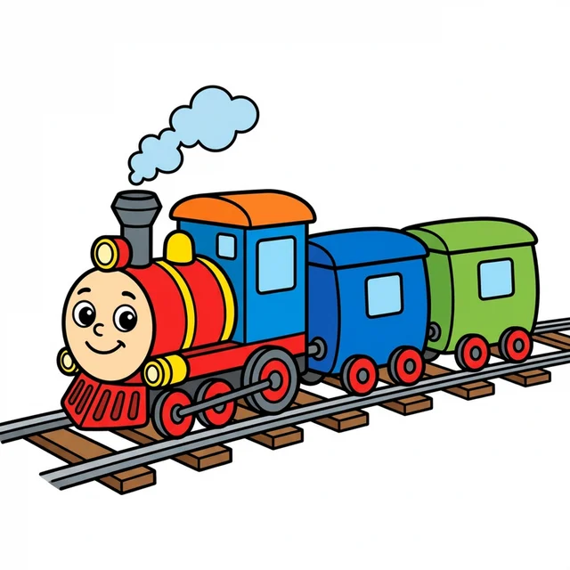 A cute toy train with carriages on a track coloring page.