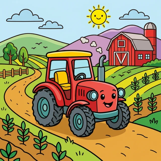 A tractor driving through a farm field with a barn coloring page.