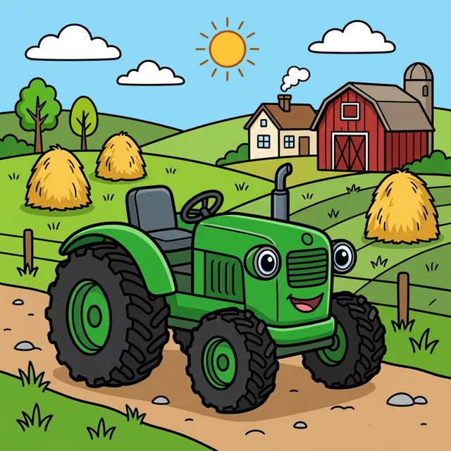Cartoon farm tractor with barn and haystacks coloring page for kids
