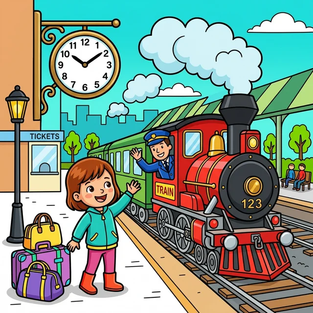 Kid waving at train station as steam train arrives with conductor coloring page