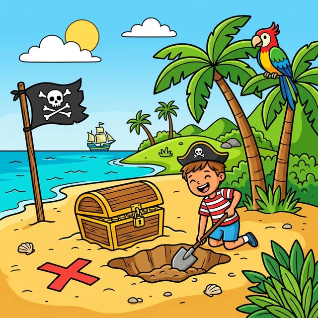 Kid digging up treasure chest on island coloring page
