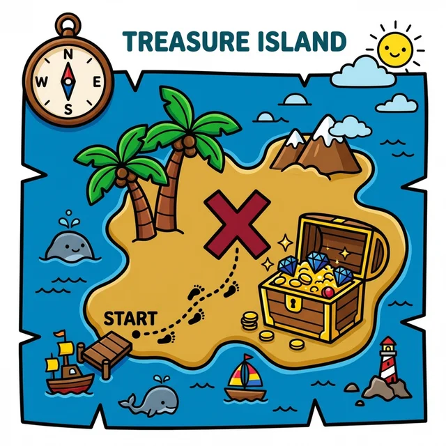 A treasure map with X marks the spot and treasure chest coloring page.