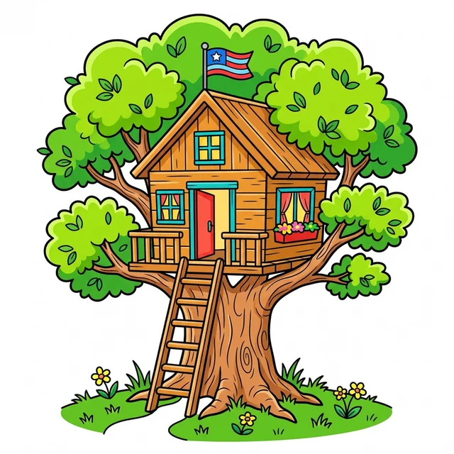 Fun treehouse in big tree coloring page for kids