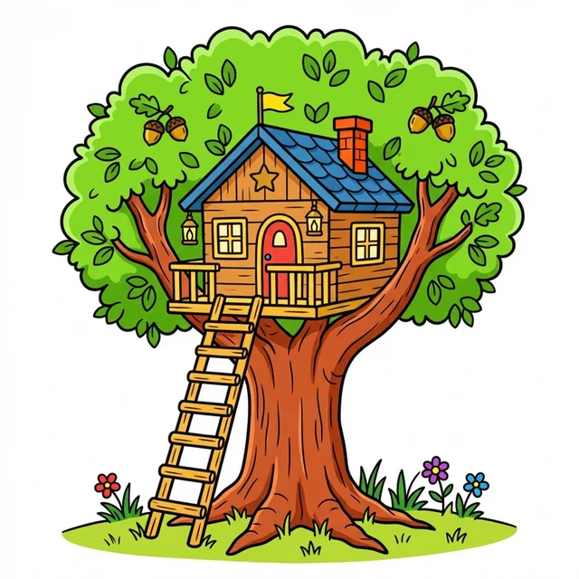A fun treehouse in a big tree coloring page.