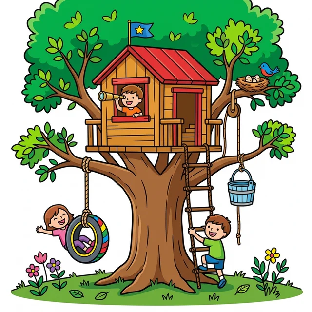 Kids playing in big treehouse with rope ladder and tire swing coloring page