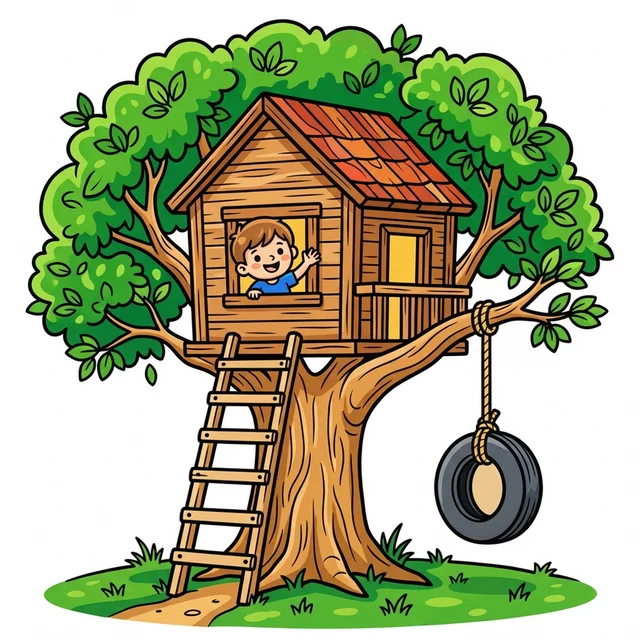 Treehouse in oak tree coloring page