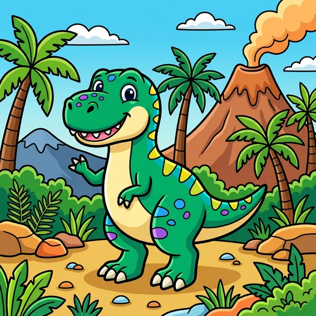 Cute T-Rex dinosaur in prehistoric jungle coloring page