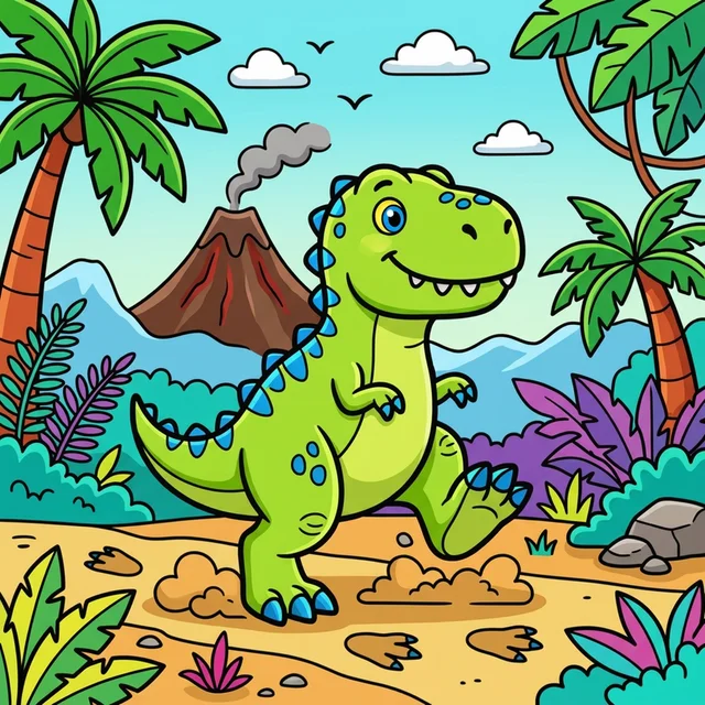 A T-Rex dinosaur stomping in a prehistoric jungle coloring page.