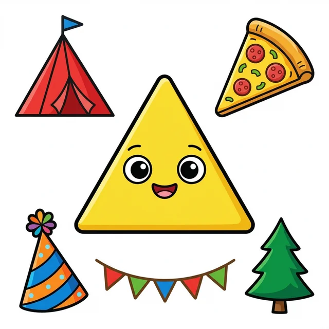 Triangle shape with tent, pizza and party hat coloring page.