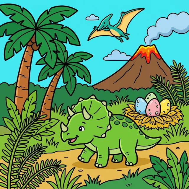 Baby triceratops dinosaur walking through prehistoric jungle coloring page