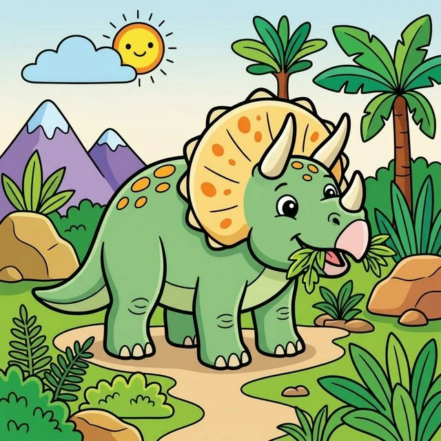Triceratops with three horns and frill eating plants coloring page for kids — free printable
